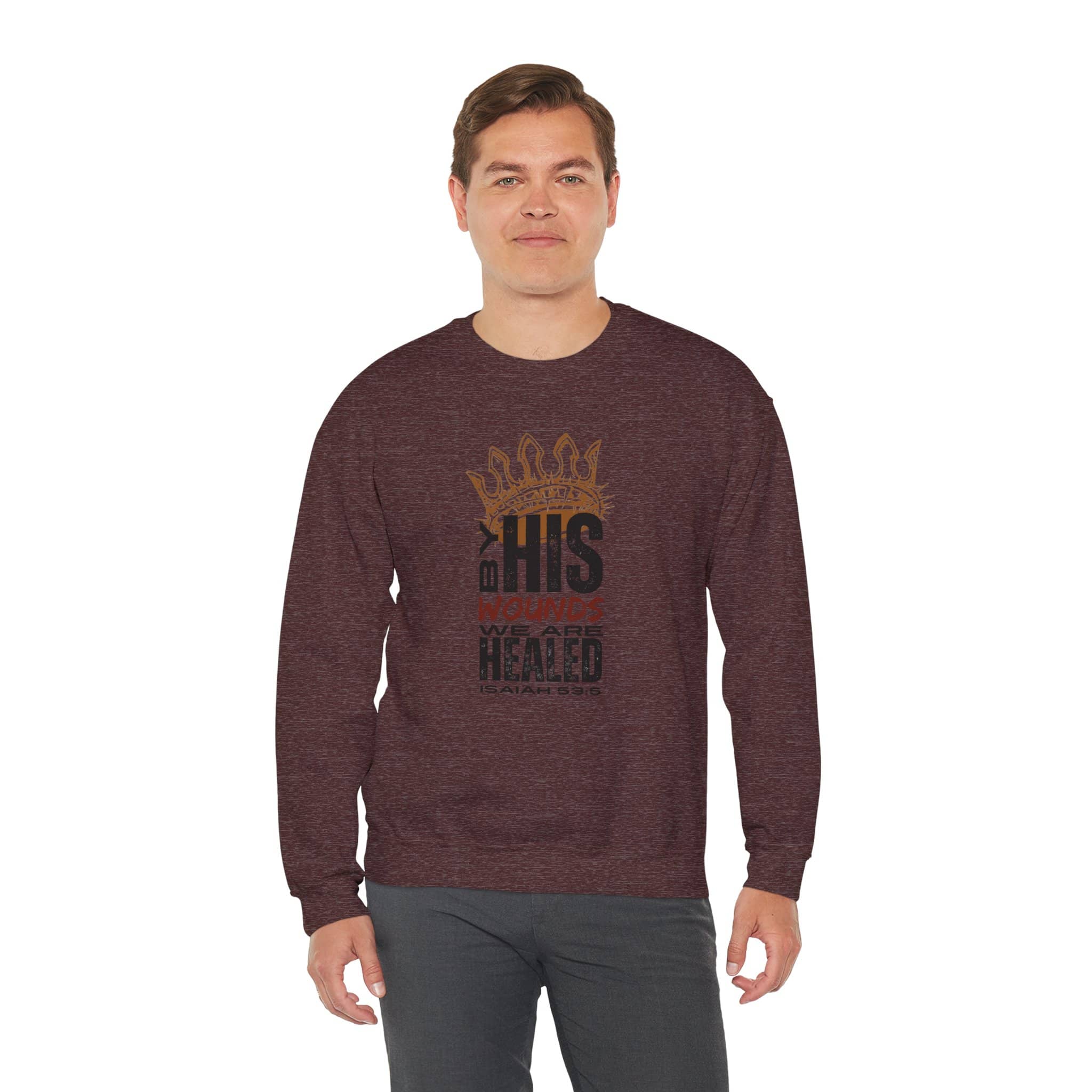 Maroon Christ our Healer sweatshirt featuring inspirational graphic design for casual wear