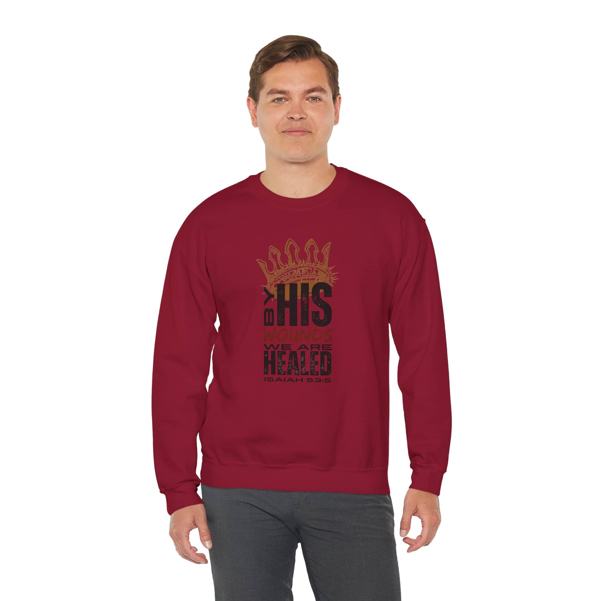 Men's burgundy Christ our Healer sweatshirt with inspirational graphic design and comfortable fit