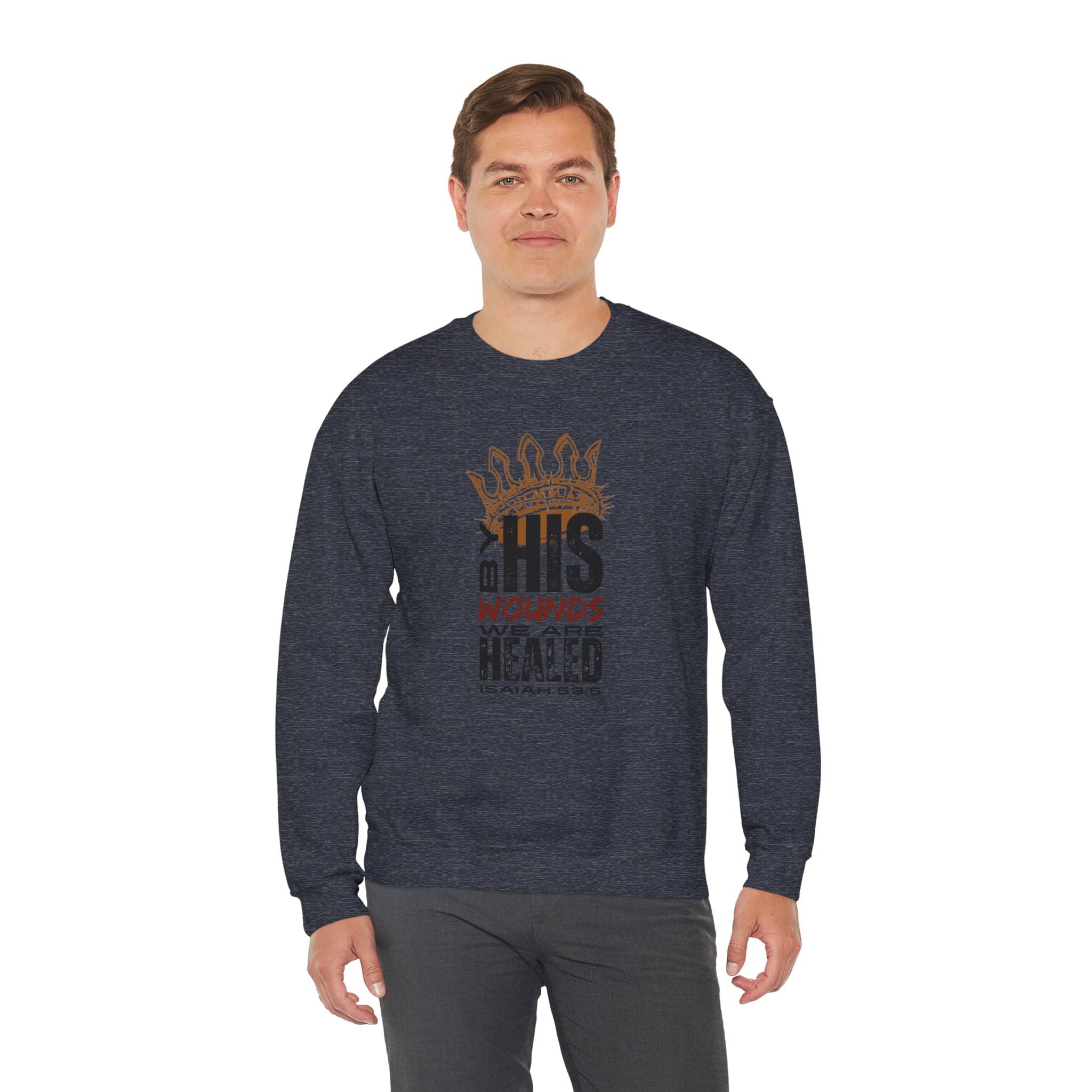 Christ our Healer sweatshirt featuring a motivational graphic design in navy for comfort and style