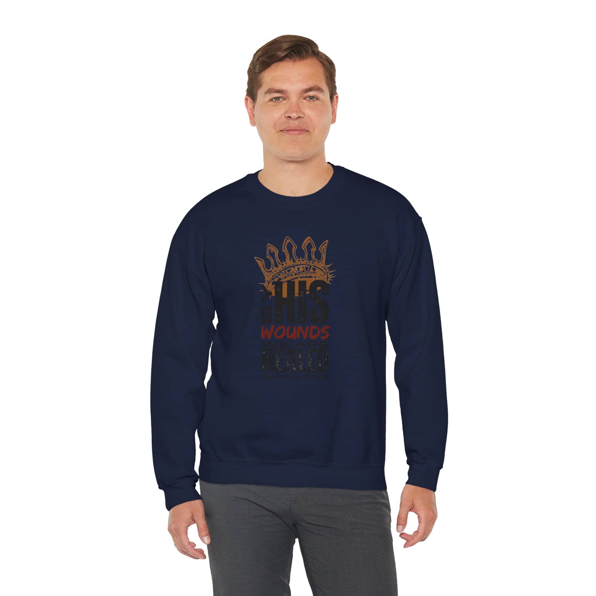 Navy Christ our Healer sweatshirt featuring bold graphics and a comfortable fit for everyday wear