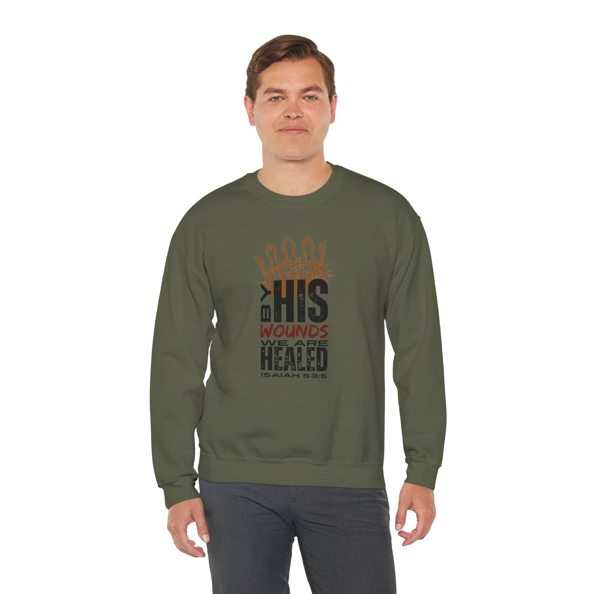 Men's olive green Christ our Healer sweatshirt with inspirational graphic design