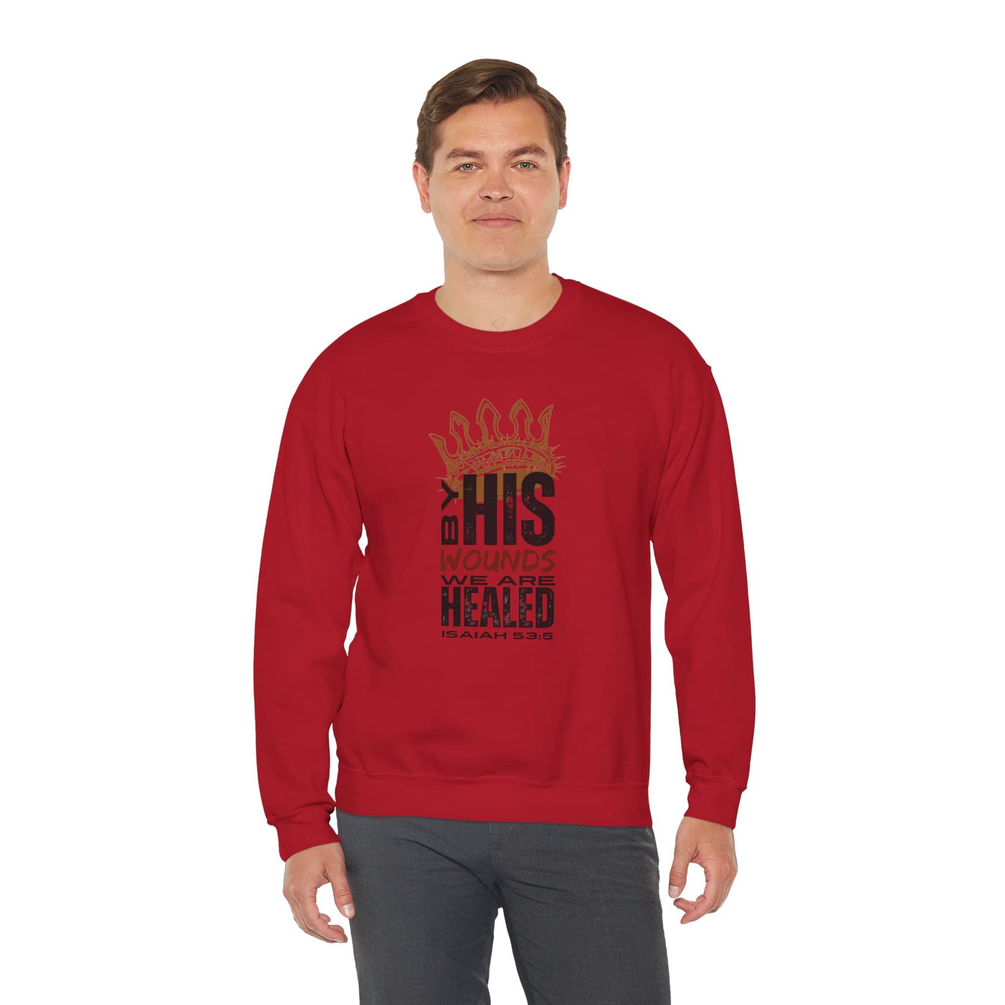 Red Christ our Healer sweatshirt featuring a bold graphic design and comfortable fit for everyday wear