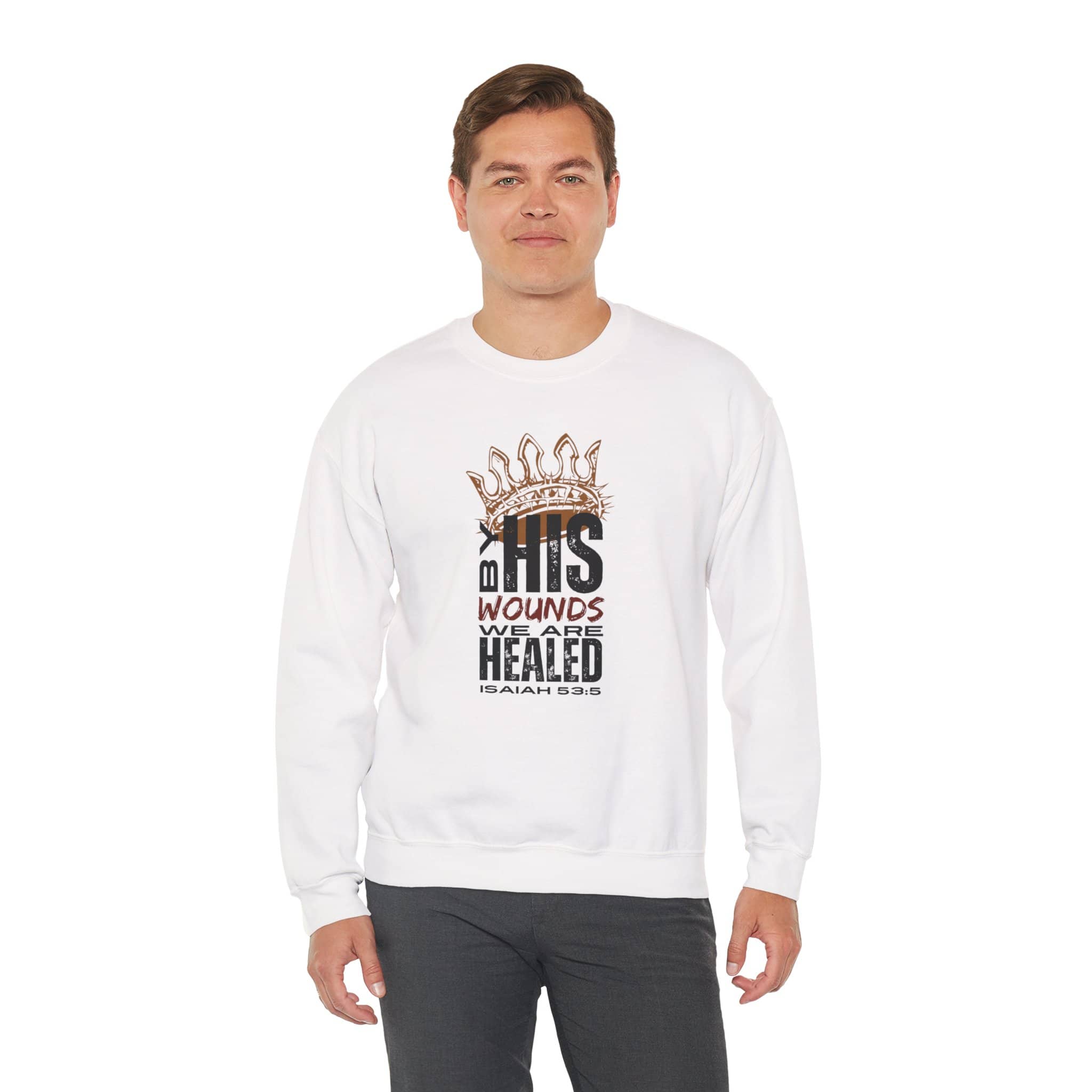 White Christ our Healer sweatshirt featuring a bold graphic design with scripture text