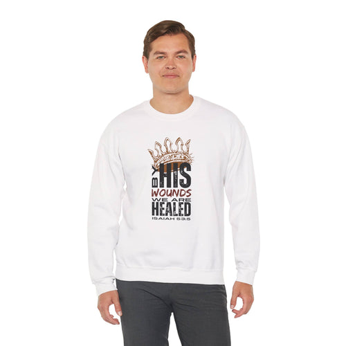 White Christ our Healer sweatshirt featuring a bold graphic design with scripture text