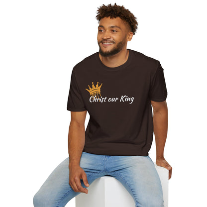 Christ our King shirt featuring Matthew 28:18 on the back and the text Christ our King with a crown design on the front