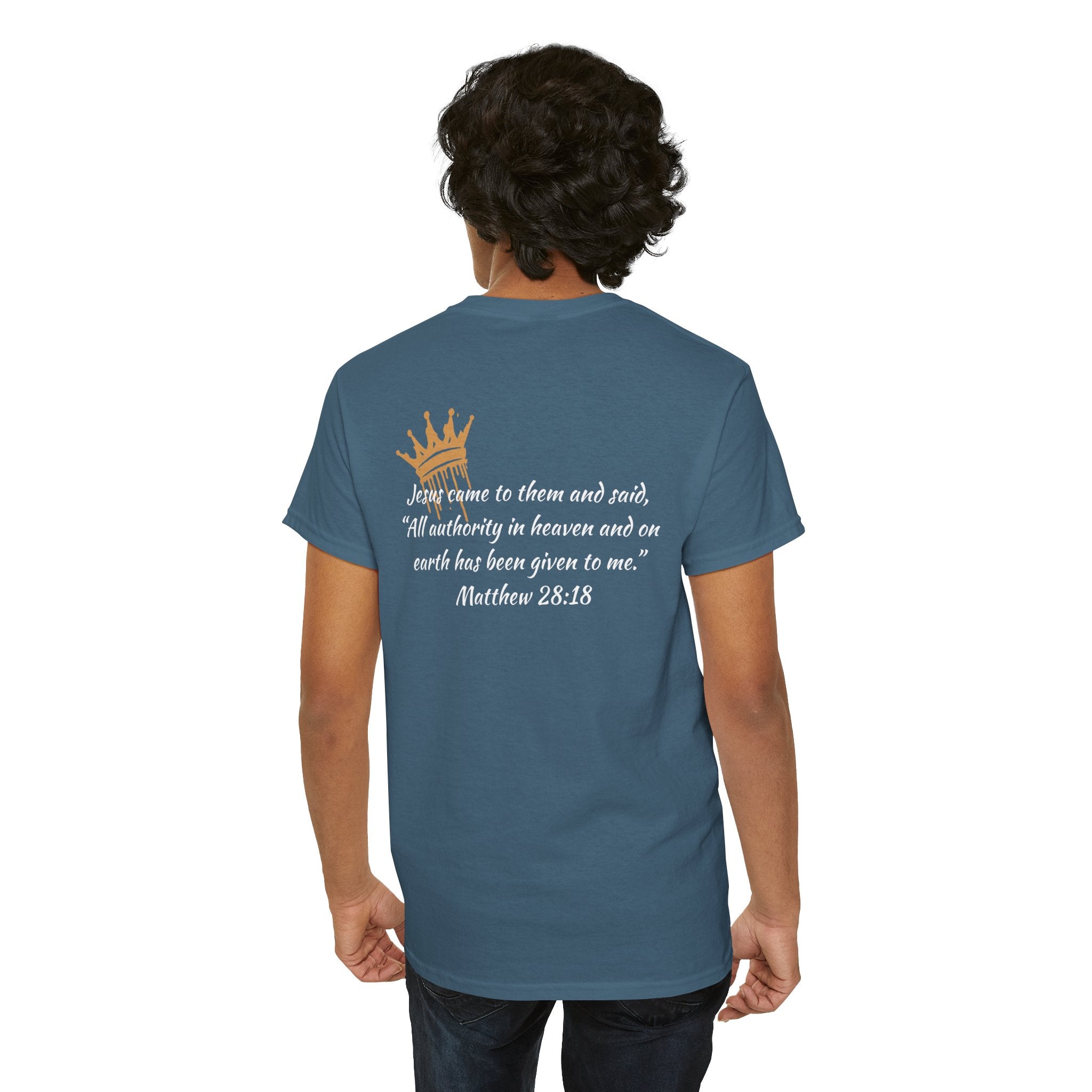 Christ Our King Shirt with Matthew 28:18 scripture in back, heather blue cotton material, back view