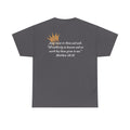 Christ Our King Shirt featuring Matthew 28:18 in gold lettering on a gray T-shirt, back view