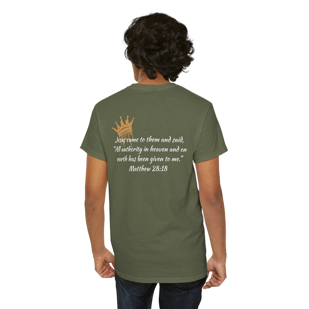 T-Shirt with Christ Our King Shirt scripture in white on an olive green background, showing back view