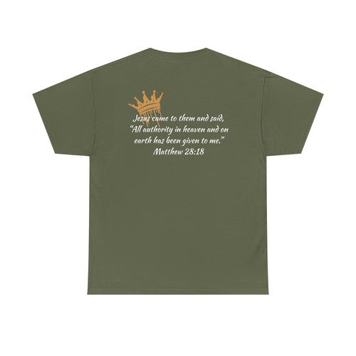 Back view of Olive Christ Our King Shirt featuring Matthew 28:18 scripture with crown design