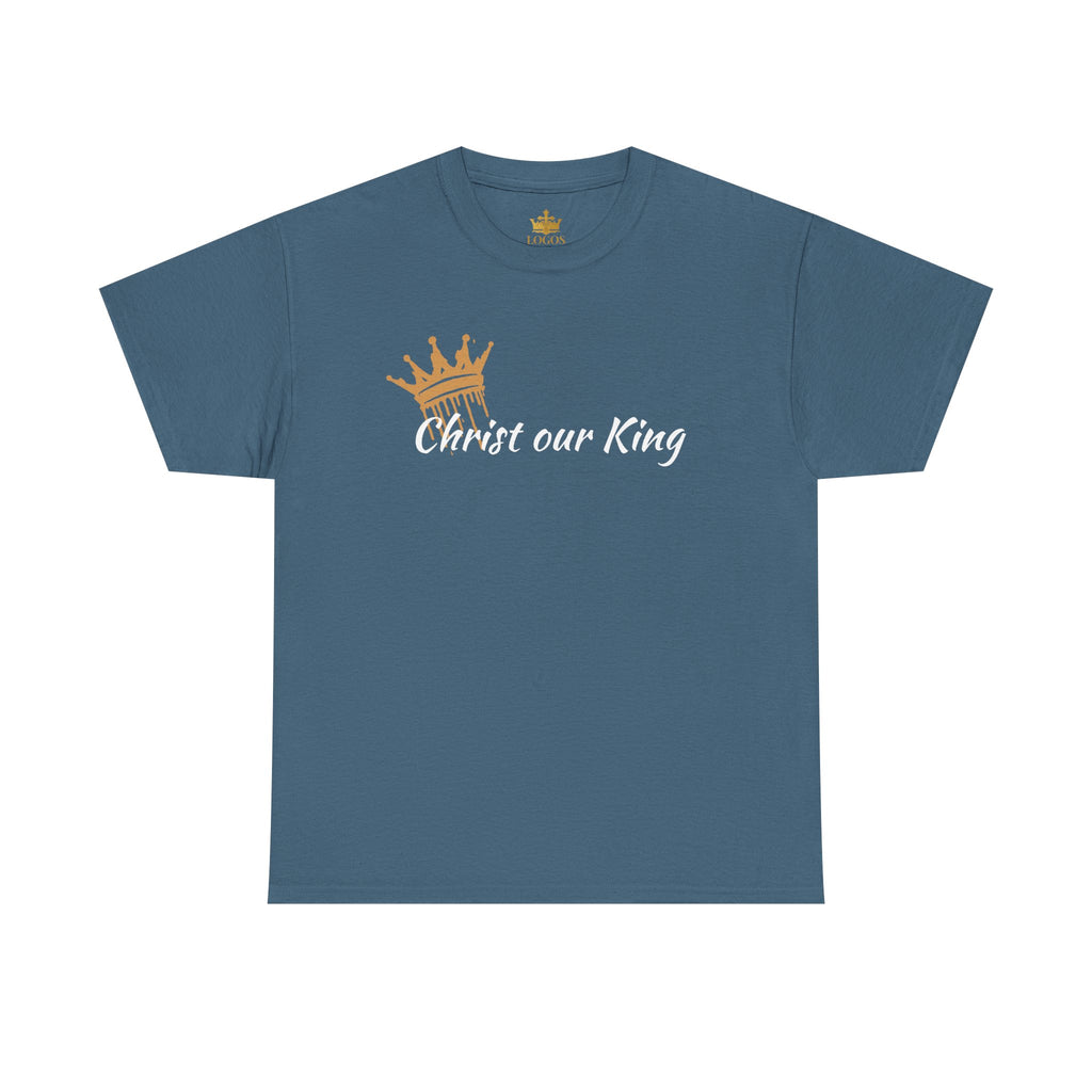 T-Shirt with Christ Our King scripture in white and gold on a blue background, front view