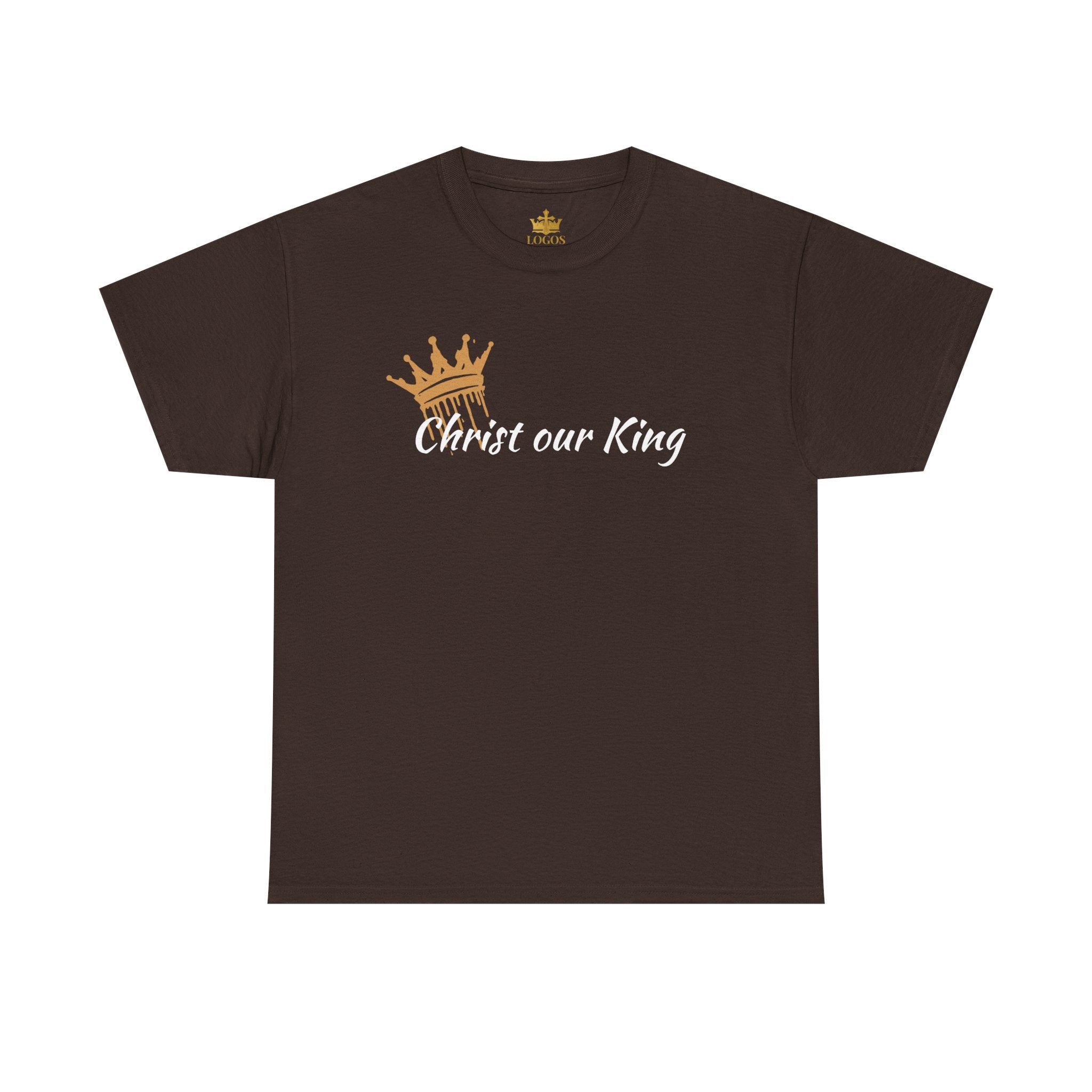 T-Shirt with Christ our King phrase in gold crown design on brown front view