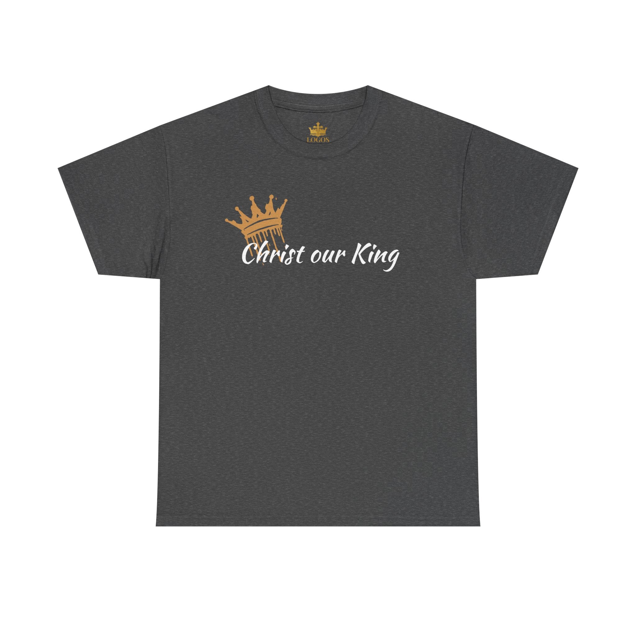 Gray Christ Our King Shirt with a crown graphic on the front for faith-based apparel