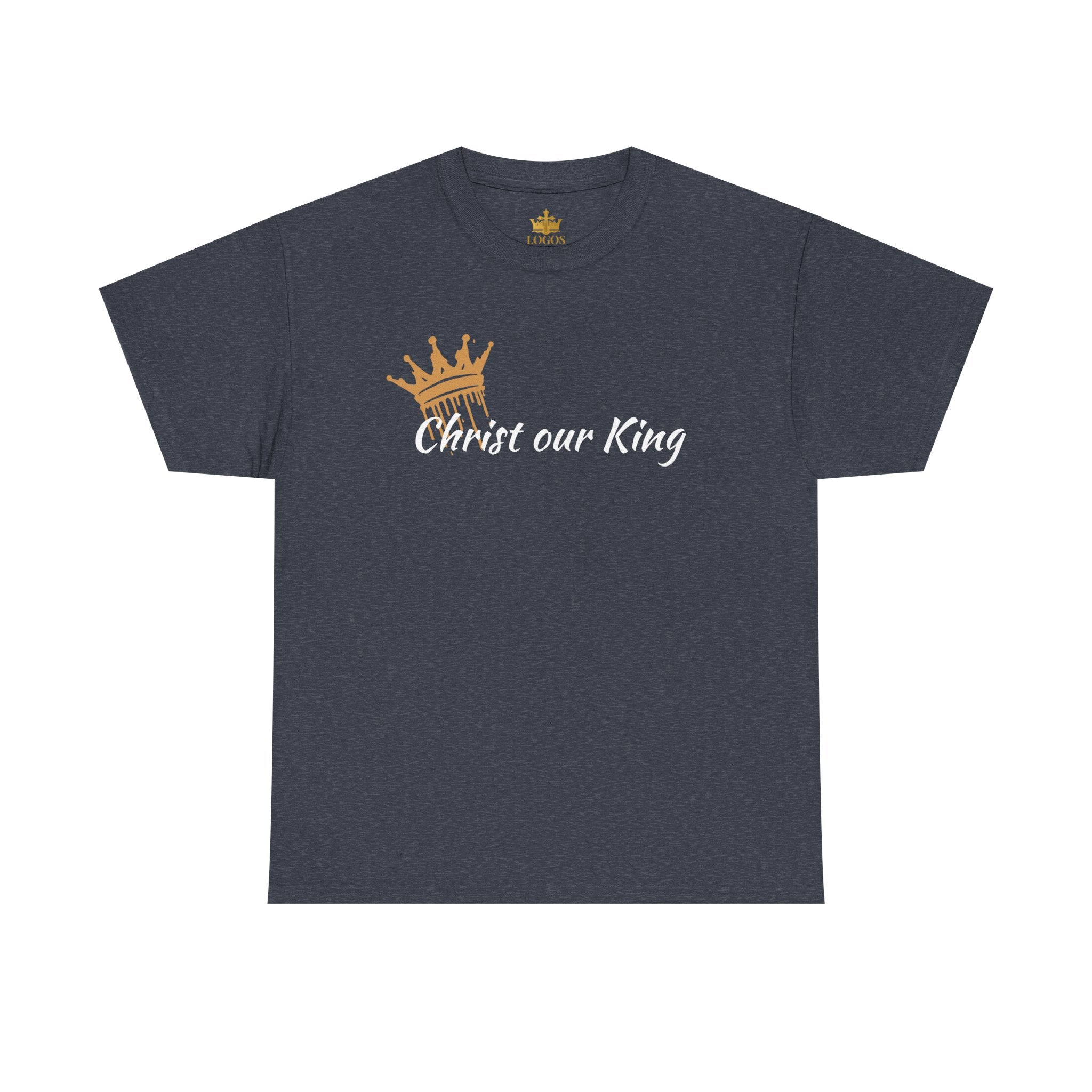 T-Shirt with 'Christ Our King' phrase in gold on a navy blue fabric, front view