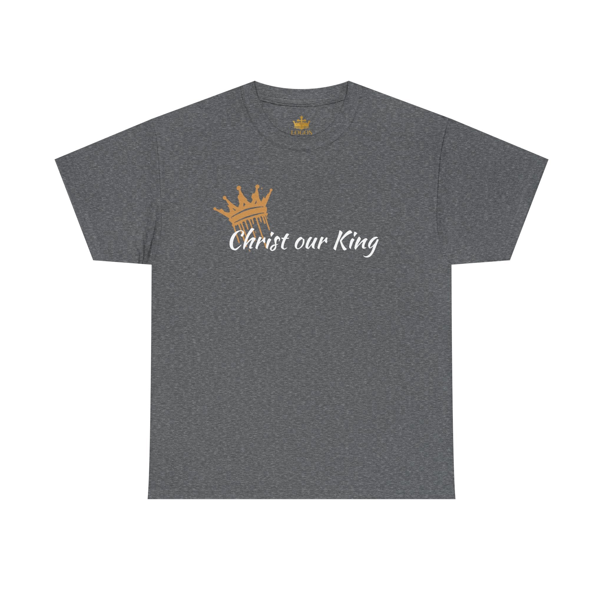T-Shirt with Christ Our King graphic in gold on a slate gray background, front view