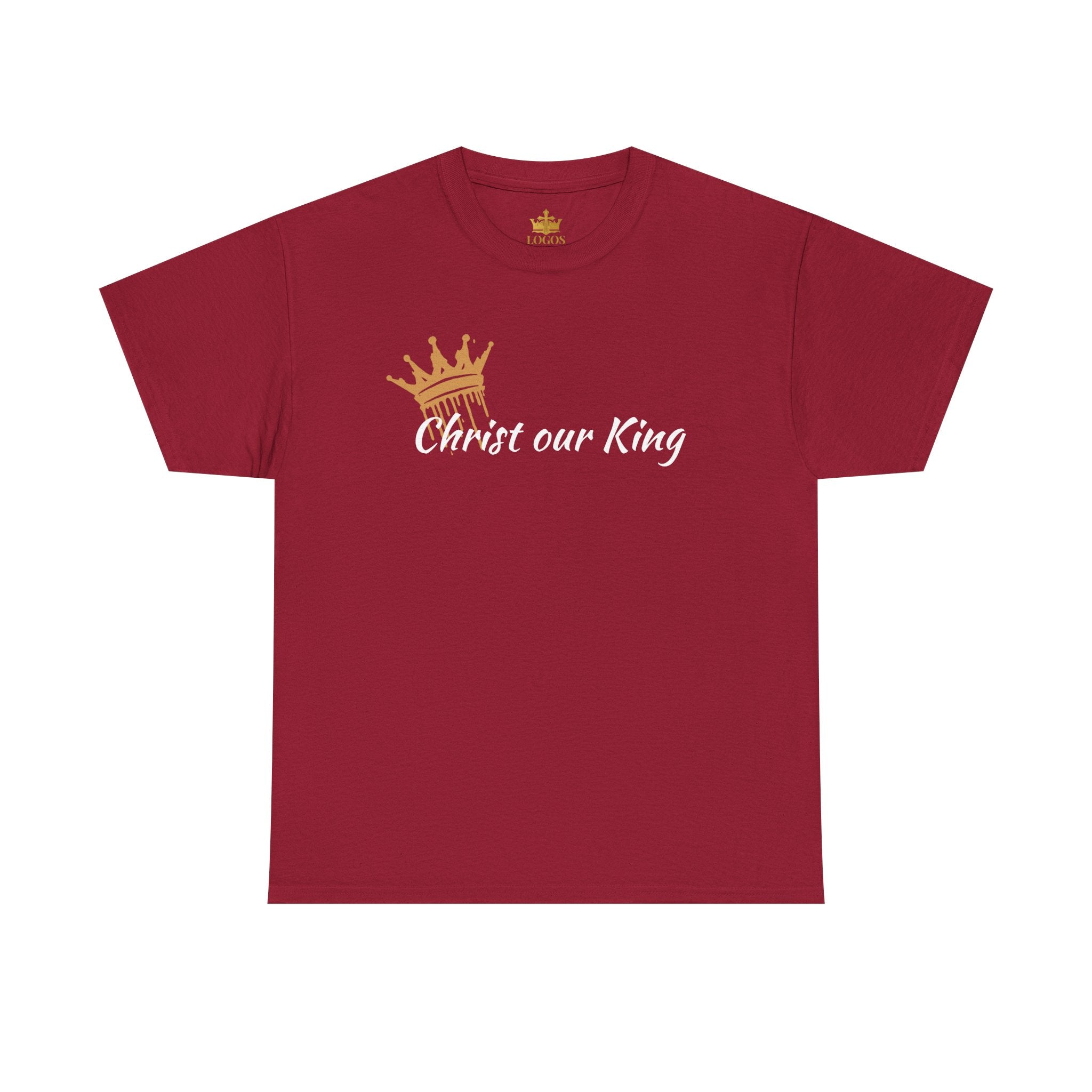 T-Shirt with 'Christ Our King' phrase in gold on a burgundy background, front view
