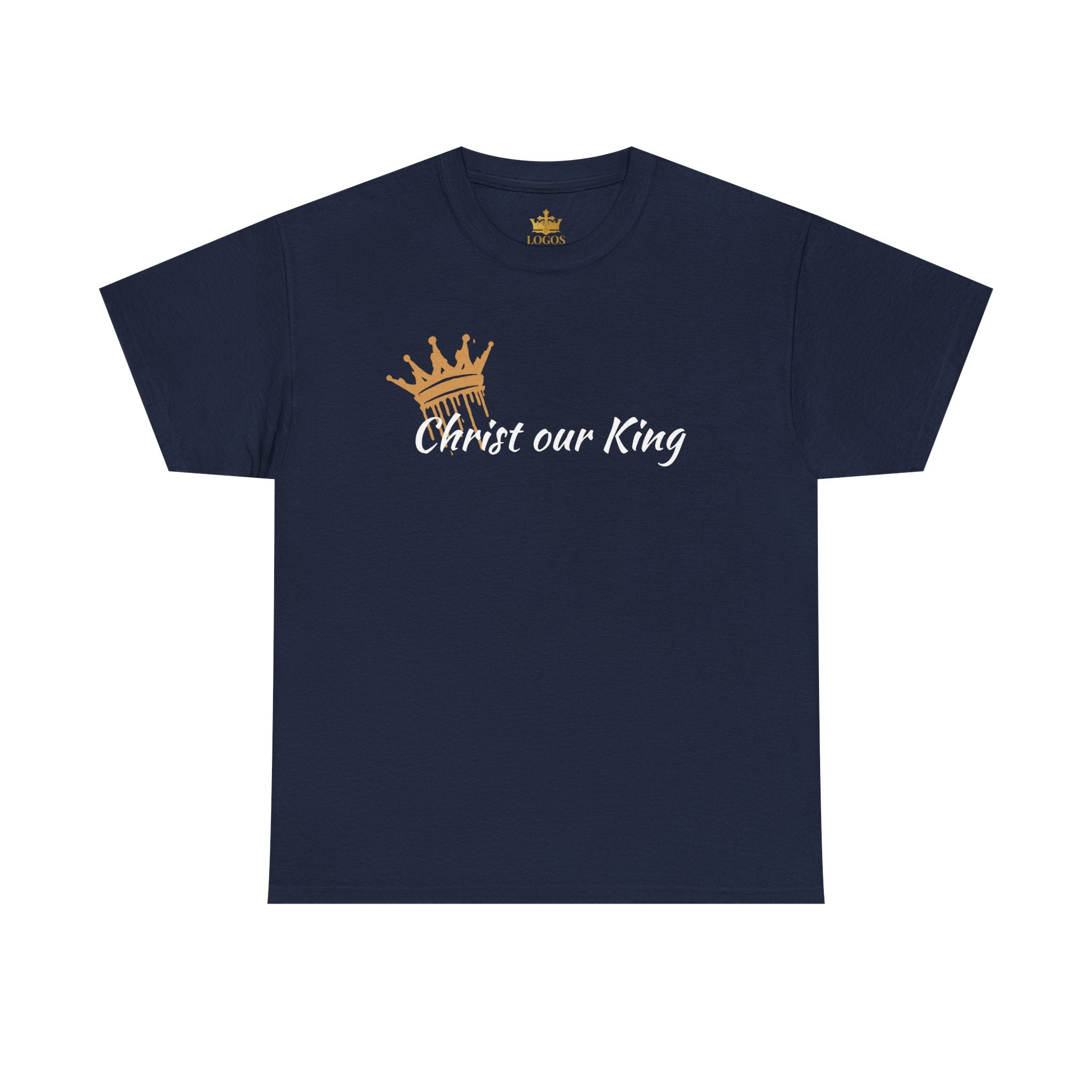 Men's Christ Our King Shirt in Navy Blue with Crown Graphic on the Front