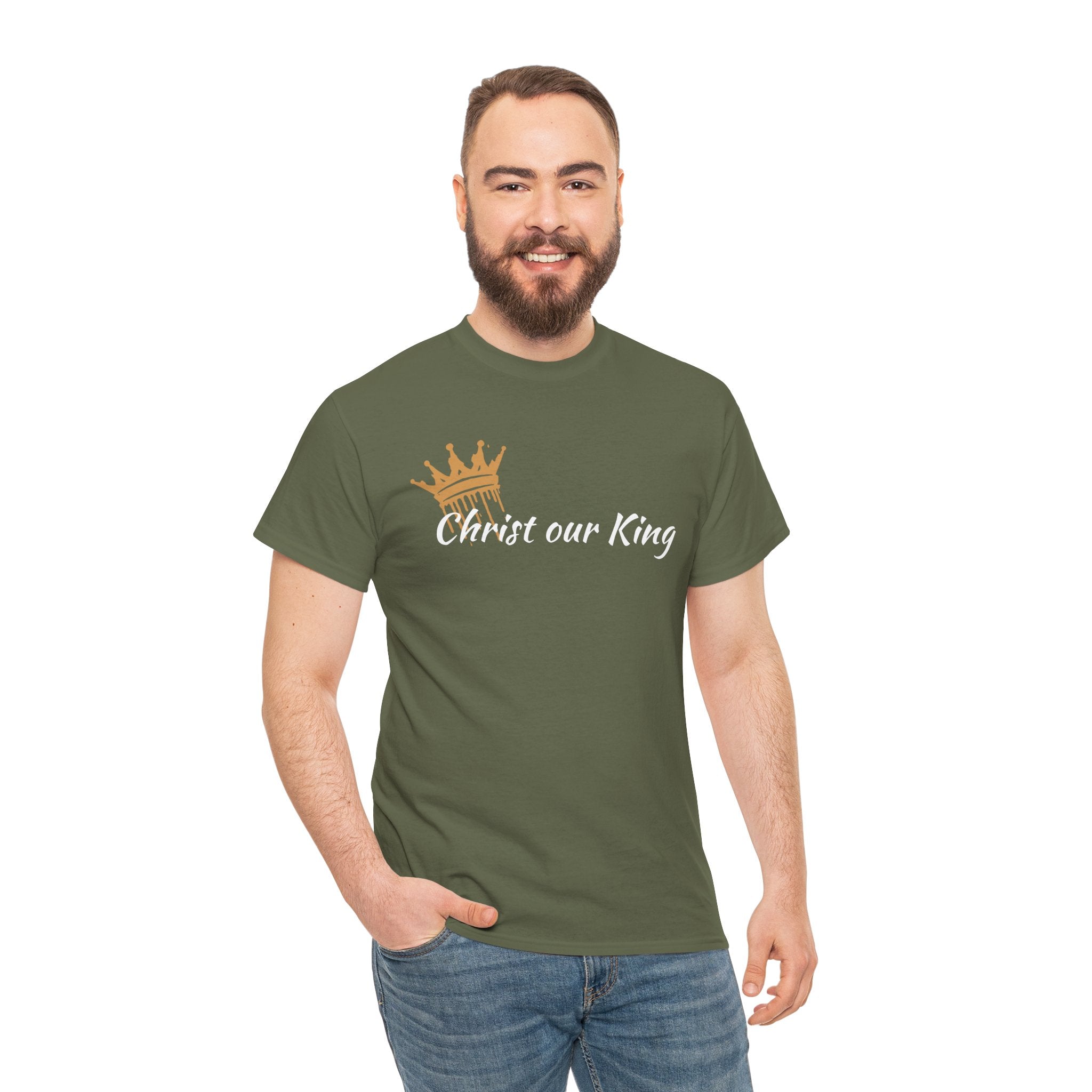 Men's Christ Our King Shirt in olive green featuring a crown design on the front view