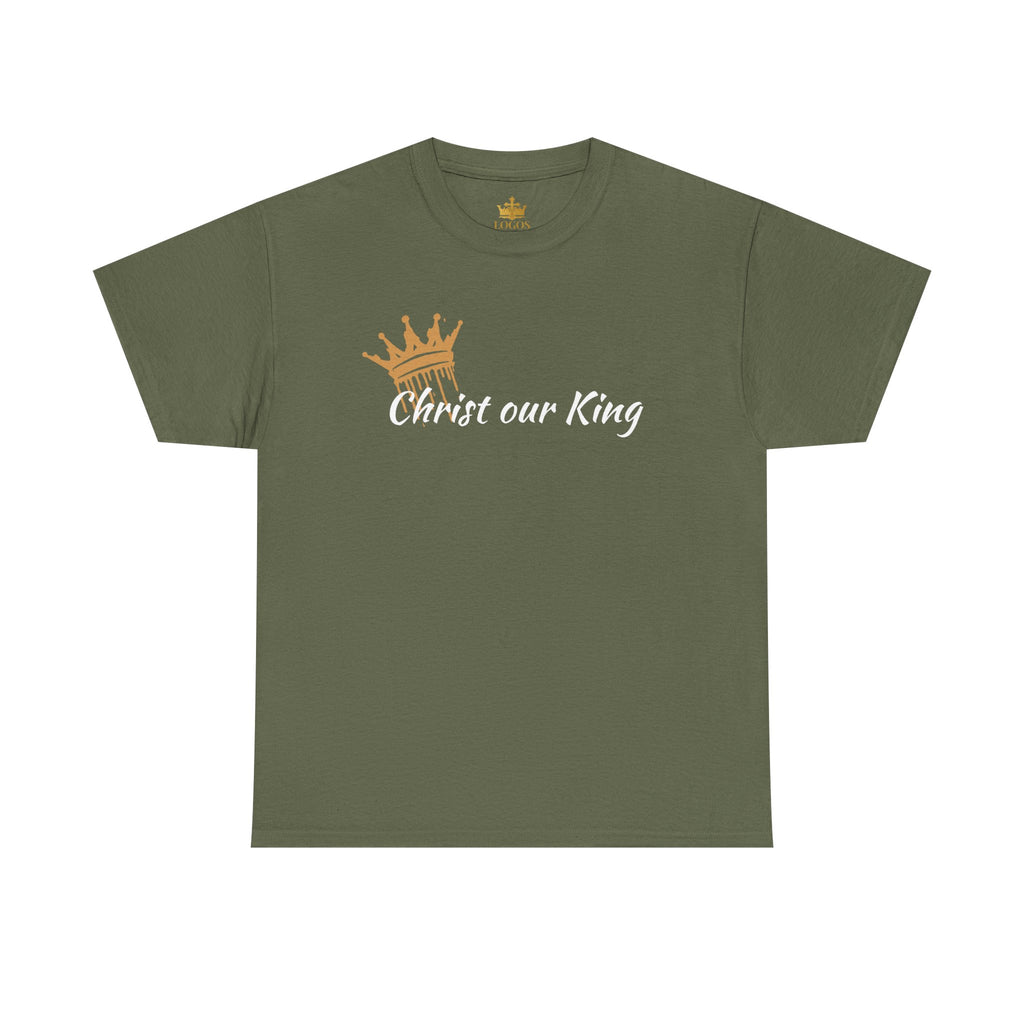 Cotton Christ Our King Shirt in Olive Green with Crown Graphic on Front