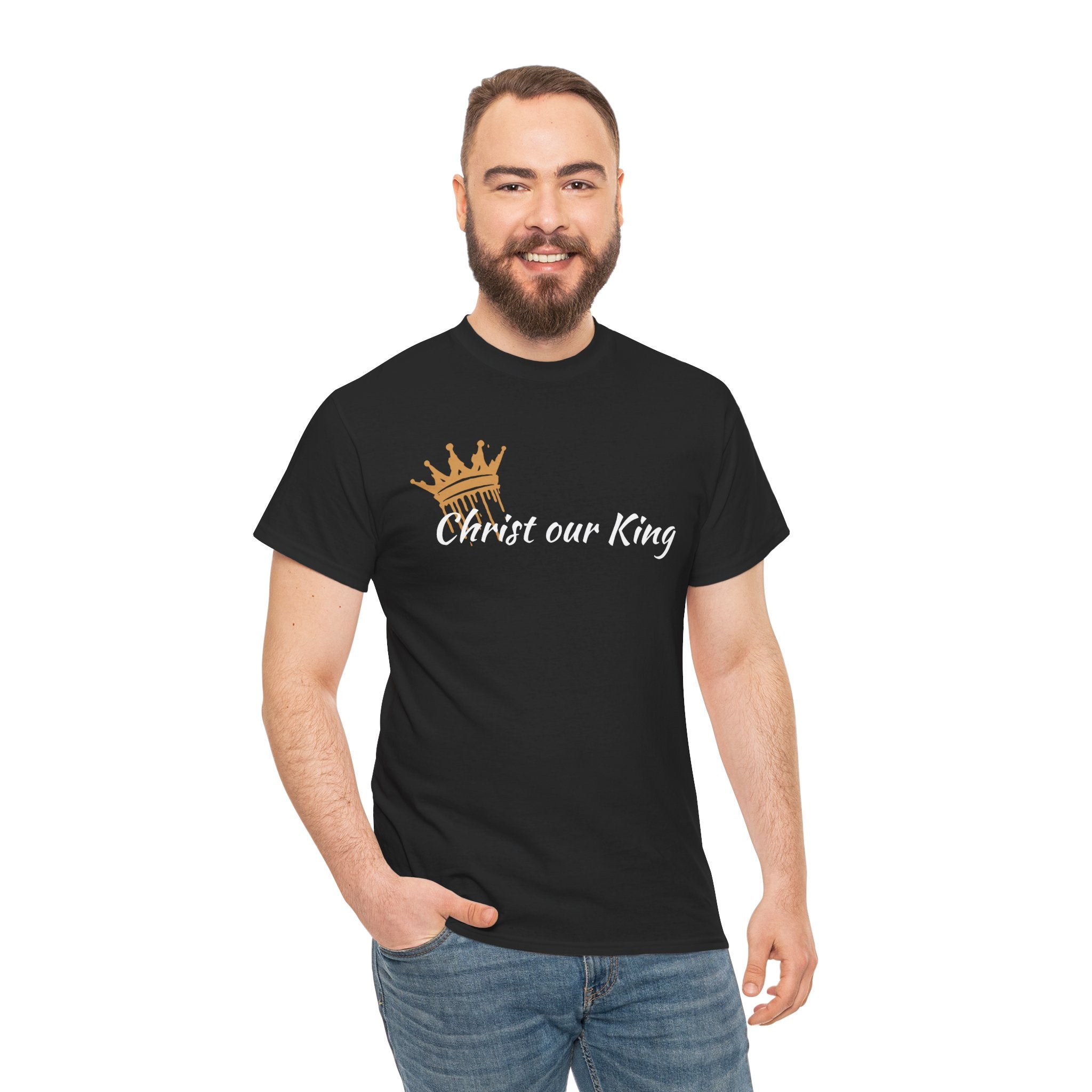 Black Christ Our King Shirt with crown design, front view for men celebrating faith