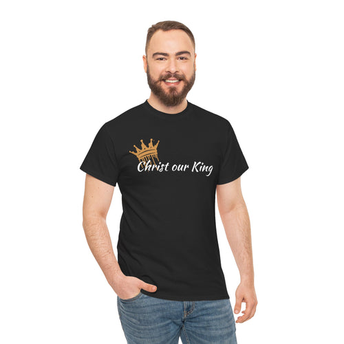 Black Christ Our King Shirt with crown design, front view for men celebrating faith