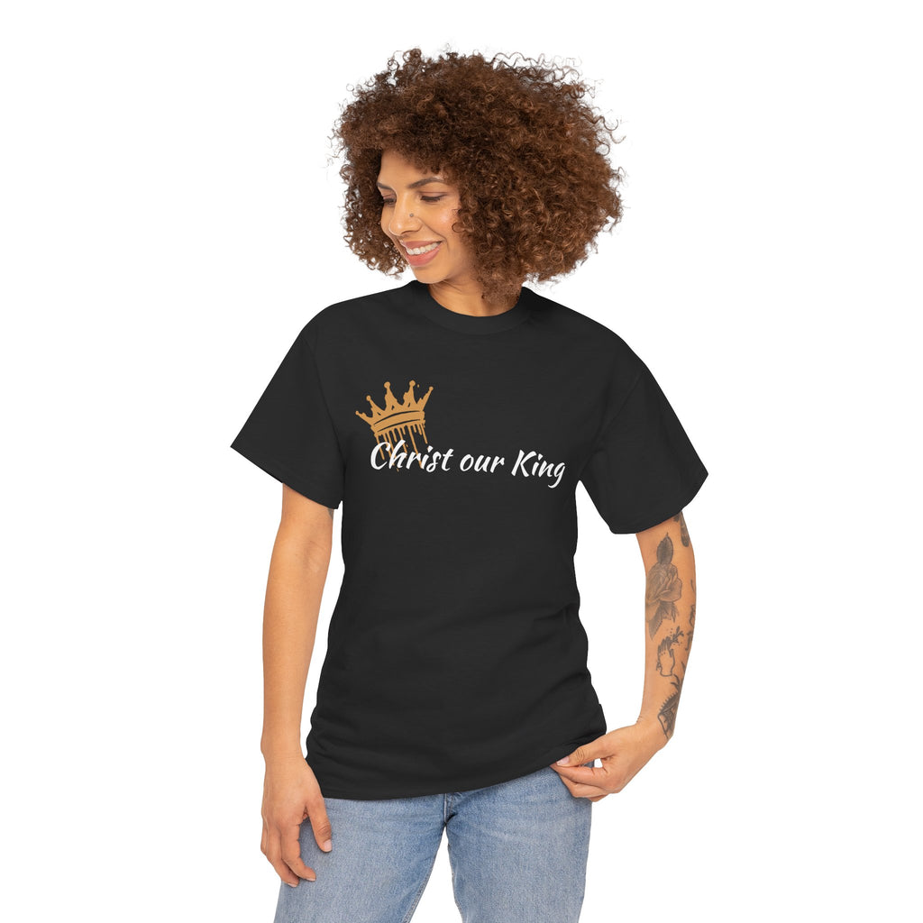 T-Shirt with Christ Our King shirt design in black, featuring a crown illustration, front view