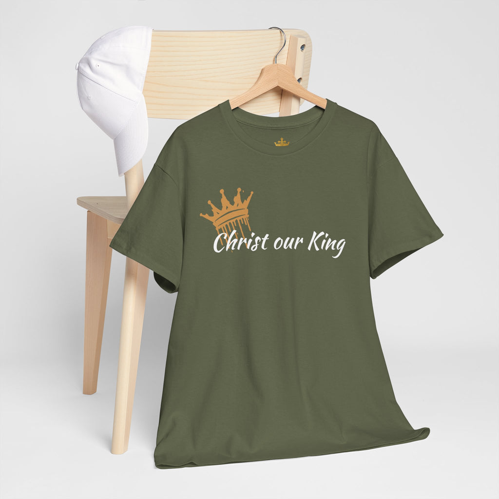 Short sleeve Christ Our King Shirt in olive green featuring a gold crown design on the front