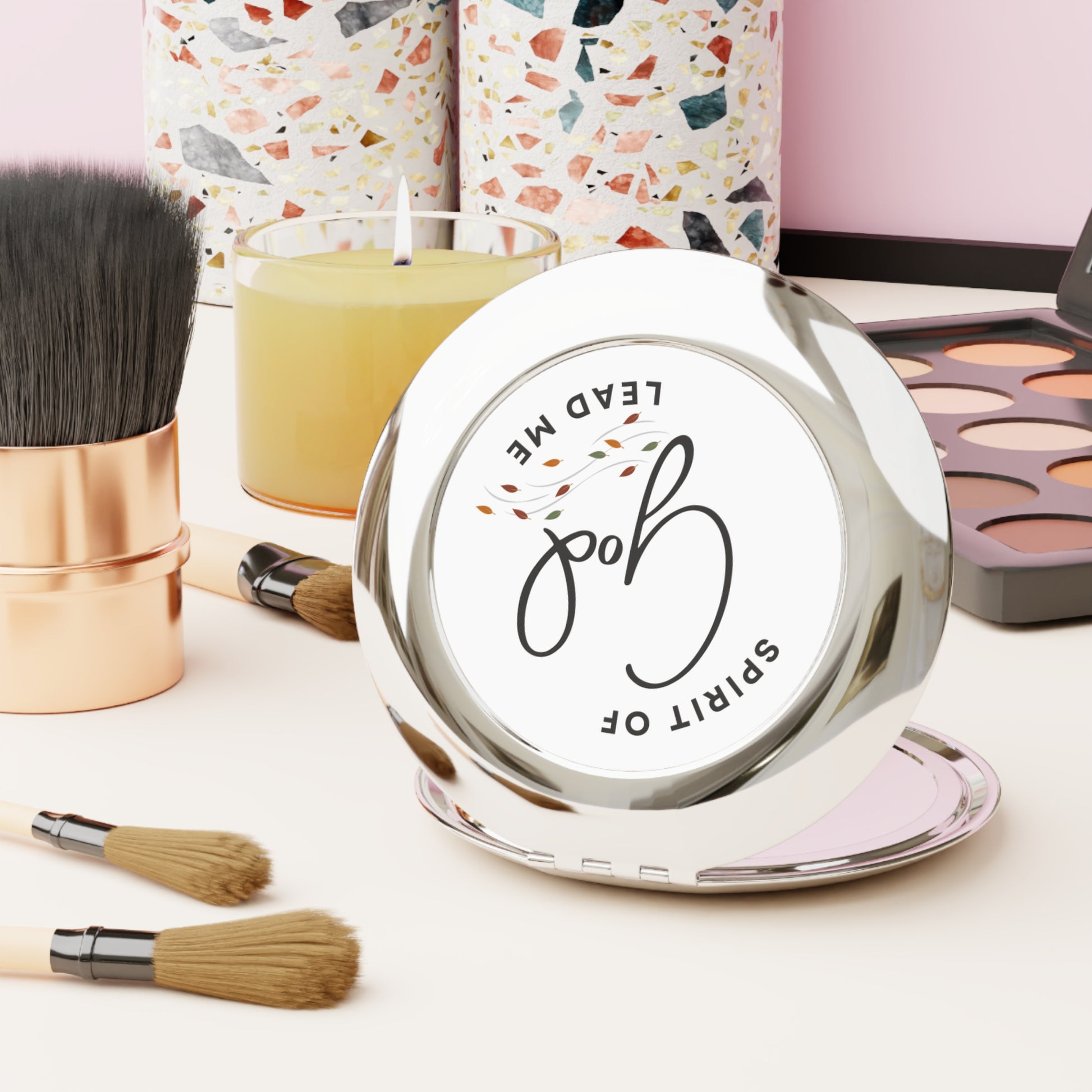 Stylish Christian compact mirror featuring inspirational design for on-the-go touch-ups