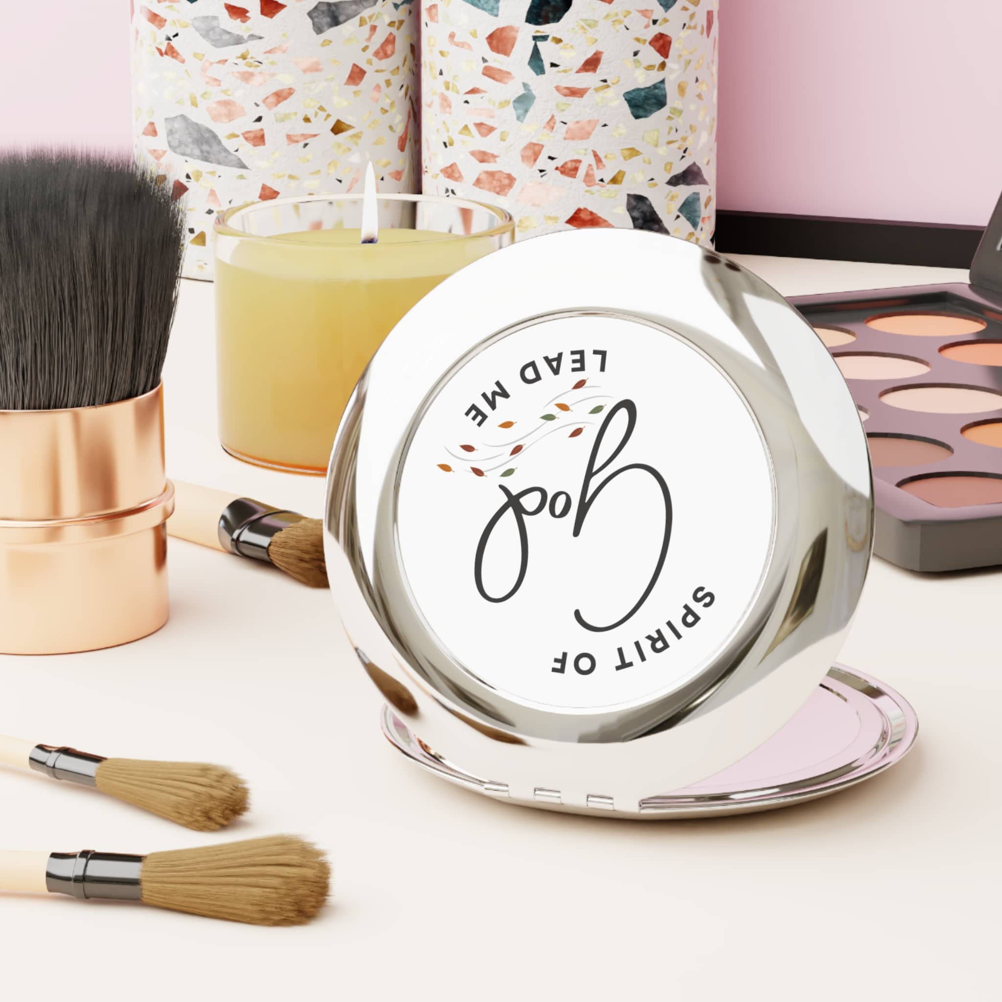 Stylish Christian compact mirror featuring inspirational design for on-the-go touch-ups