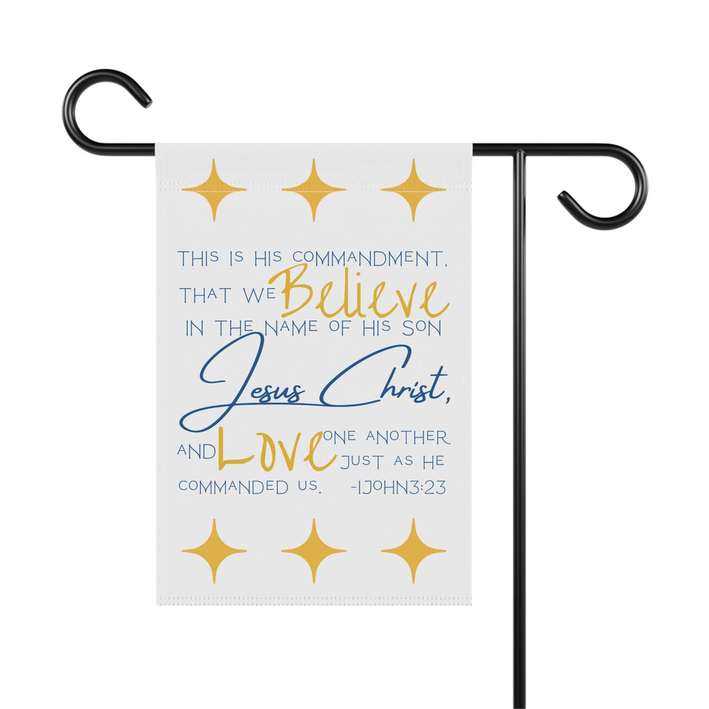 Christian garden banner featuring inspirational text about love and belief in Jesus Christ with decorative stars
