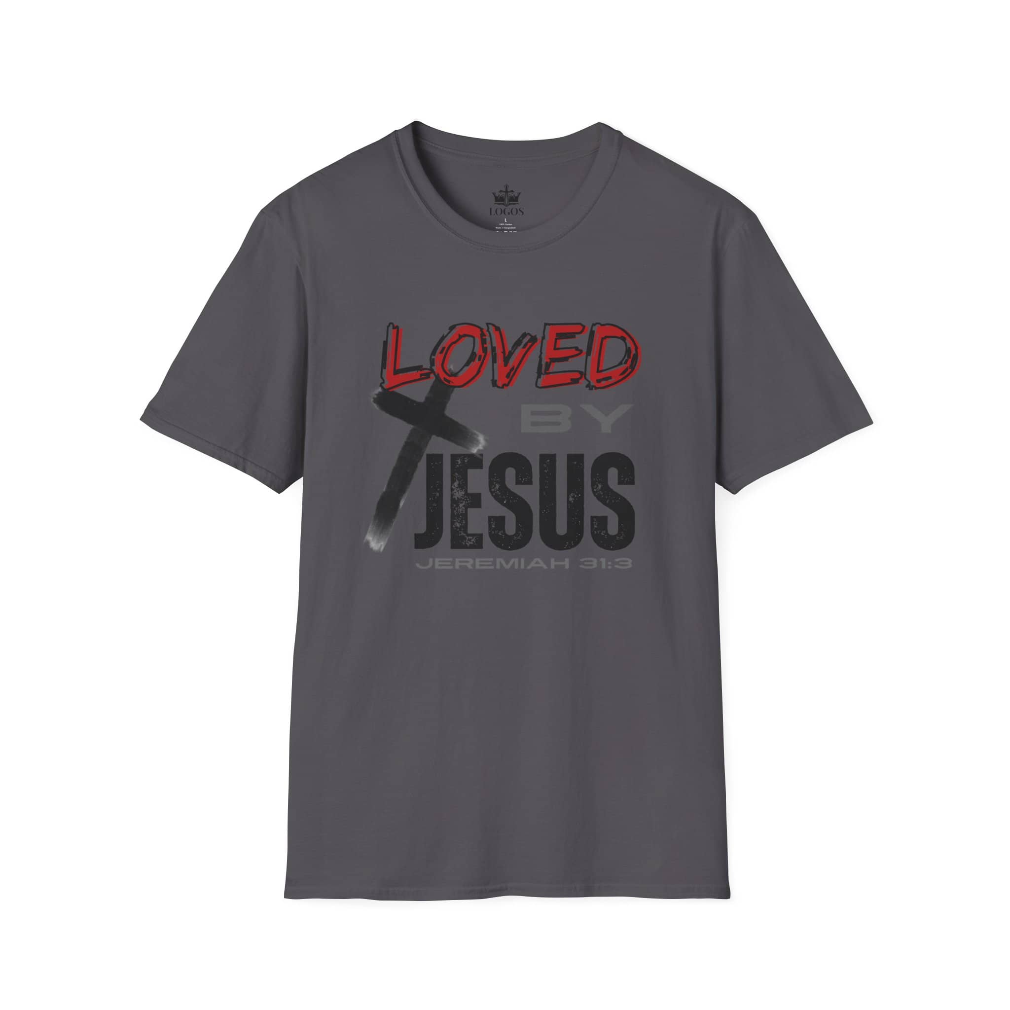 Christian graphic t-shirt in charcoal with Loved by Jesus text and cross design
