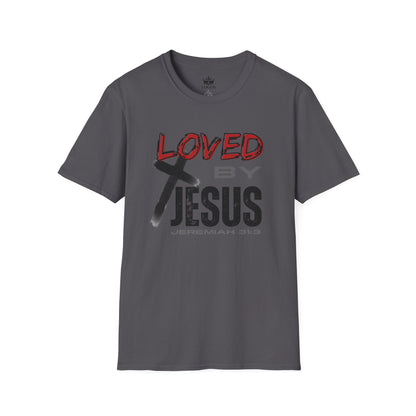 Christian graphic t-shirt in charcoal with Loved by Jesus text and cross design