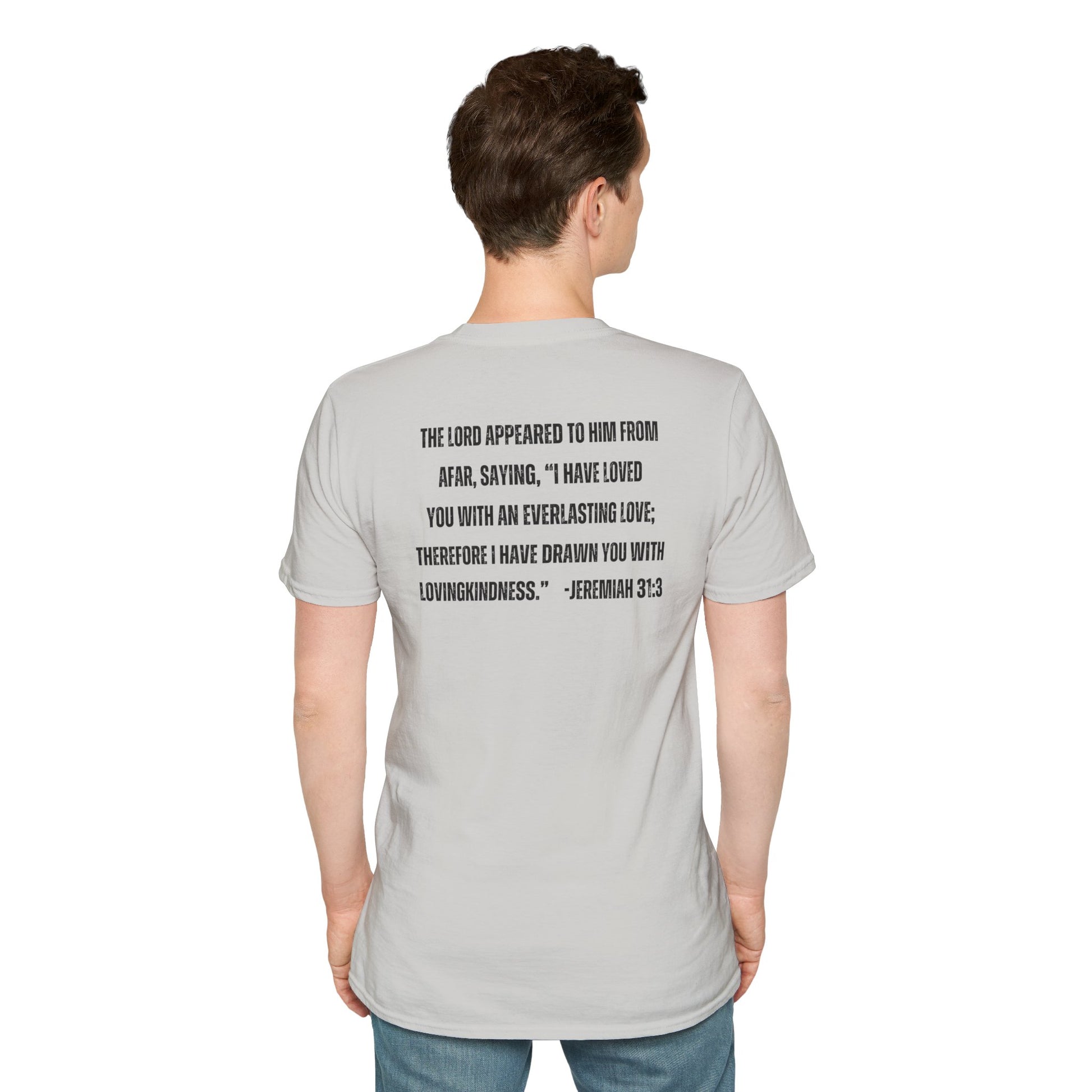 Back view of man wearing a ice gray Christian graphic t-shirt with a Bible verse from Jeremiah 31 on the back