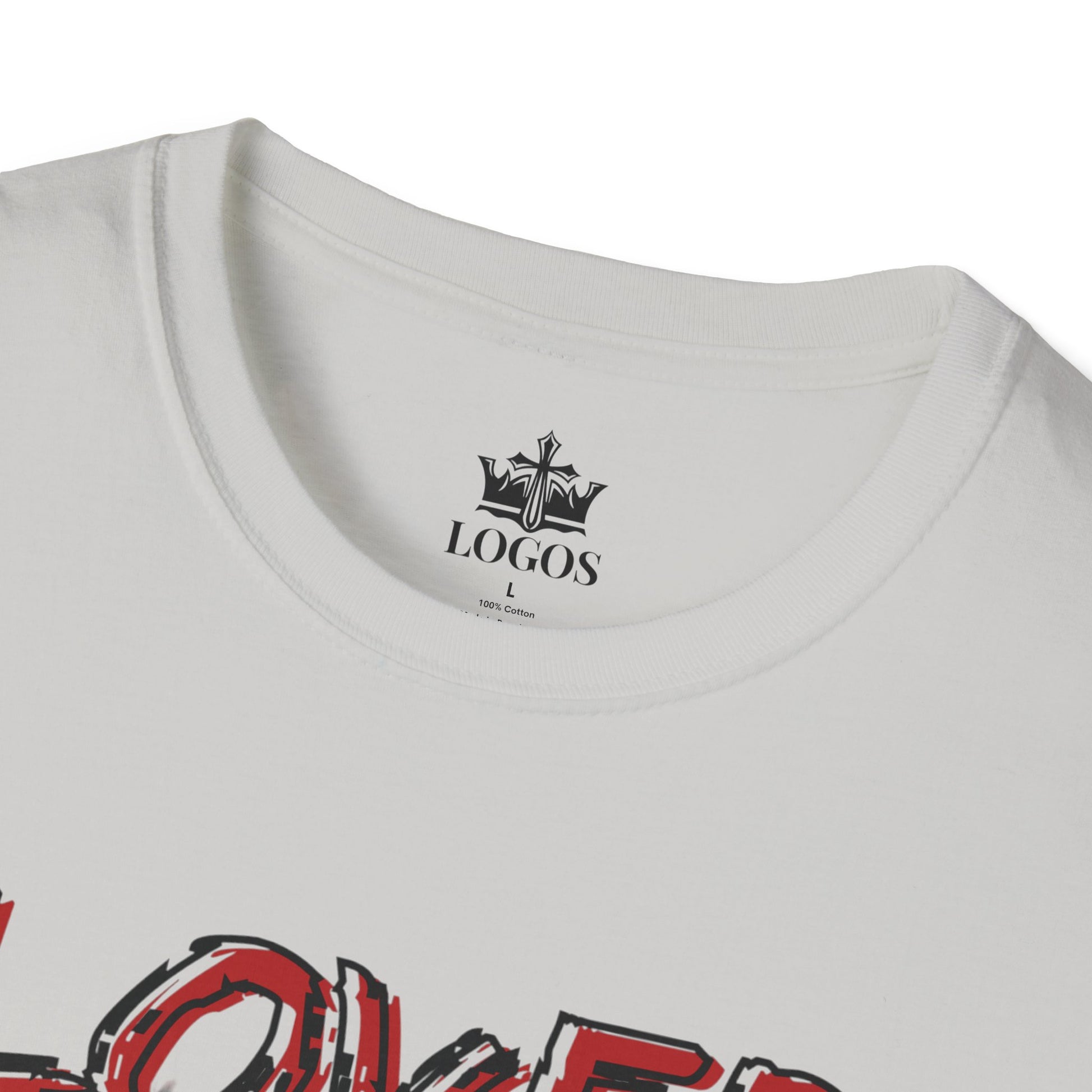 Ice grey Christian graphic t-shirt with Logos brand label and partial red graphic design
