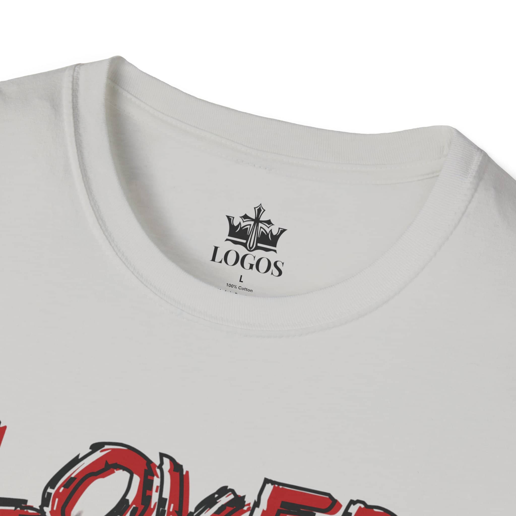 Ice grey Christian graphic t-shirt with Logos brand label and partial red graphic design