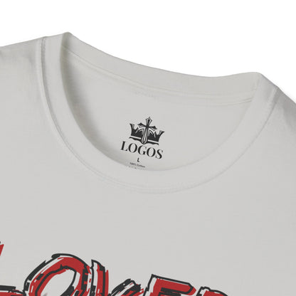 Ice grey Christian graphic t-shirt with Logos brand label and partial red graphic design