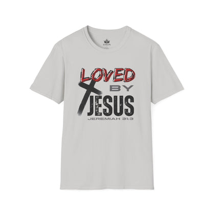 Ice grey Christian graphic t-shirt with Loved by Jesus and cross design from Logos Co.