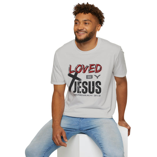 Christian graphic t-shirt in ice grey with Loved by Jesus text and cross design