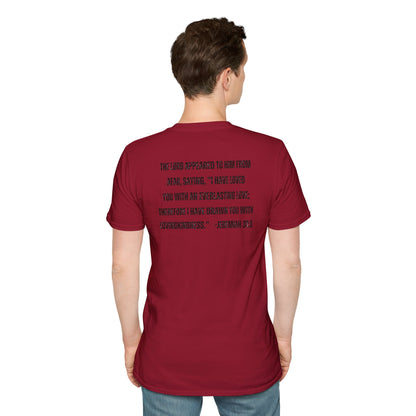Cardinal red Christian graphic t-shirt with Bible verse text on the back