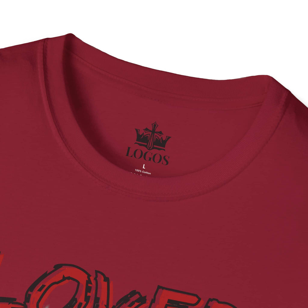 Close-up of a red Christian graphic t-shirt with black printed design and logos