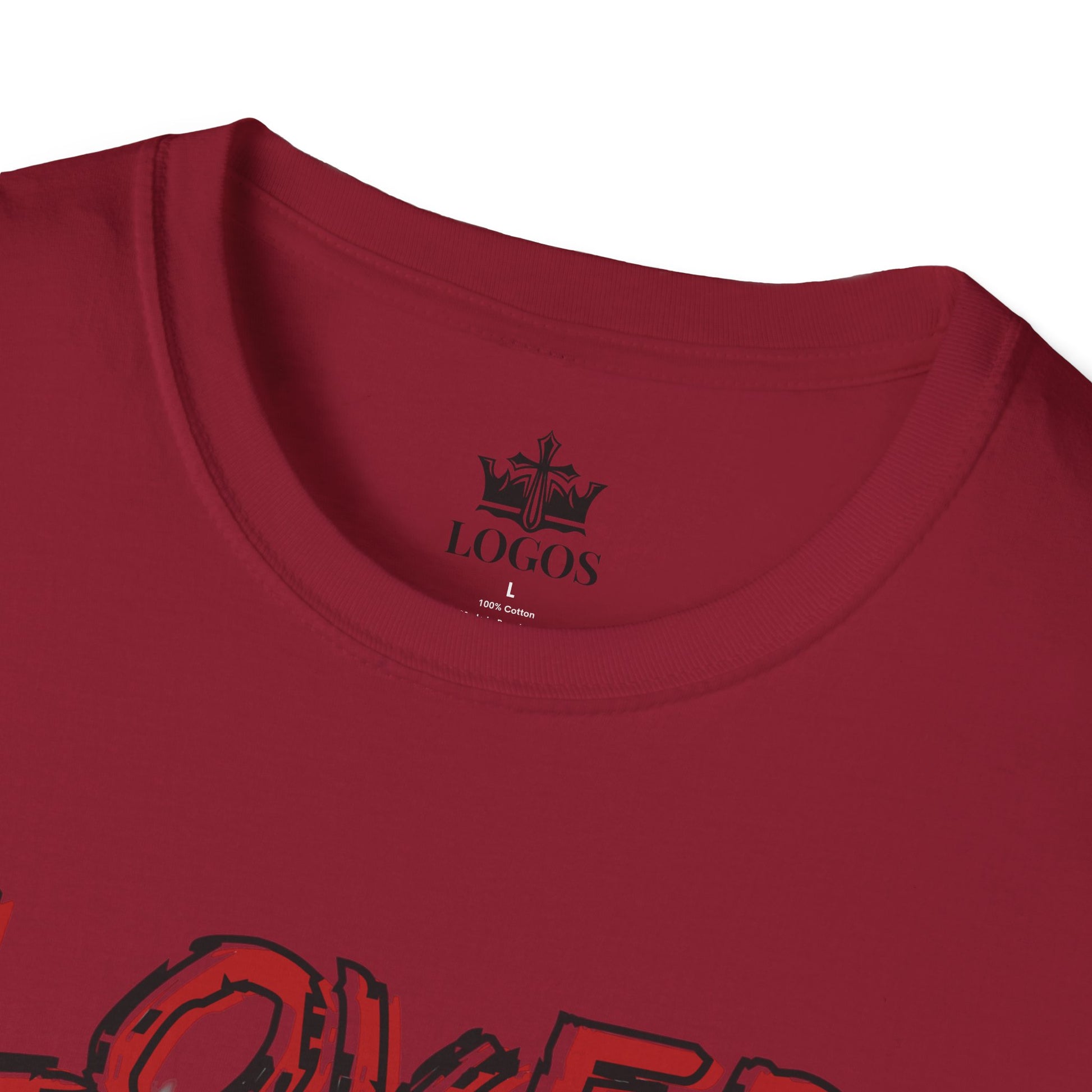 Close-up of a red Christian graphic t-shirt with black printed design and logos