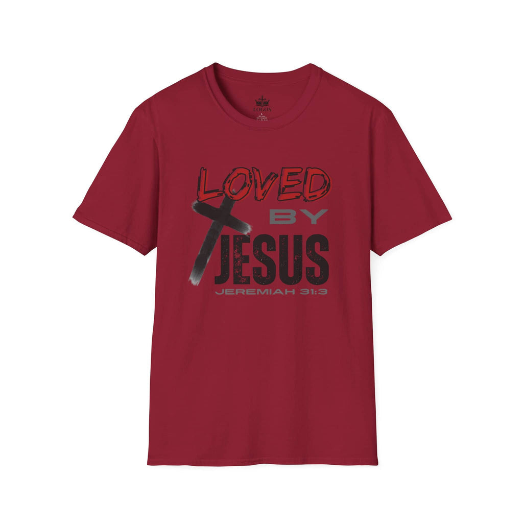 Christian graphic t-shirt in red with Loved by Jesus Jeremiah 31 3 design