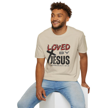 Christian graphic t-shirt with Loved by Jesus Jeremiah 31 3 design worn by a man
