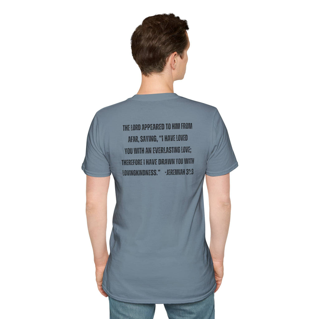 Back view of man wearing a stone blue Christian graphic t-shirt with a Jeremiah 31:3 Bible verse printed