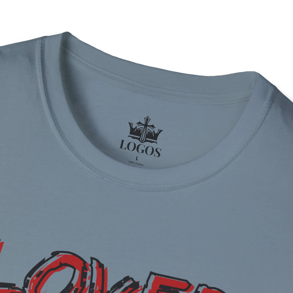 Stone blue T-shirt with Christian graphic t-shirt design and LOGOS brand label inside collar