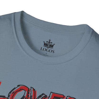 Stone blue T-shirt with Christian graphic t-shirt design and LOGOS brand label inside collar