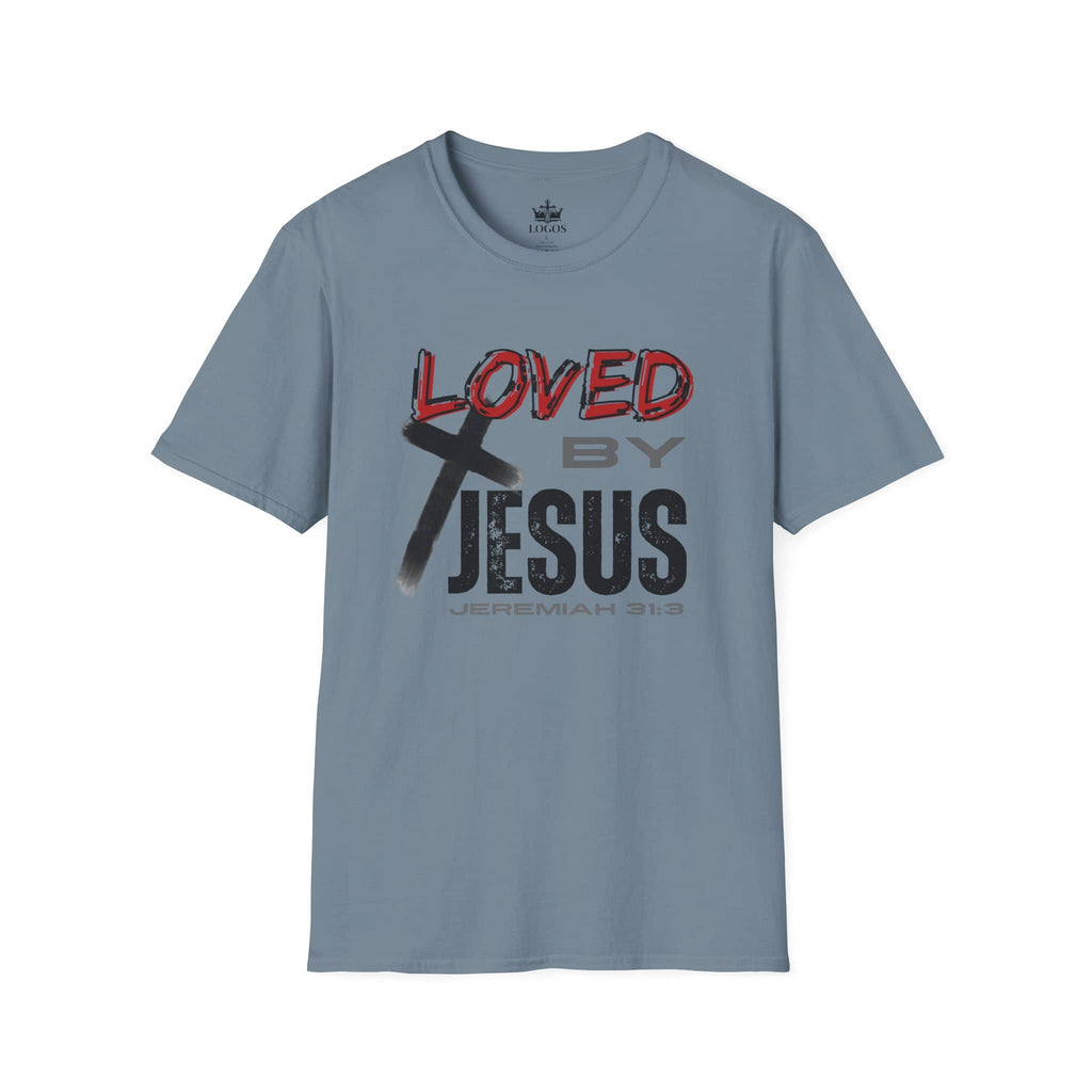 Christian graphic t-shirt by Logos Co. in stone blue with Loved by Jesus text and cross design
