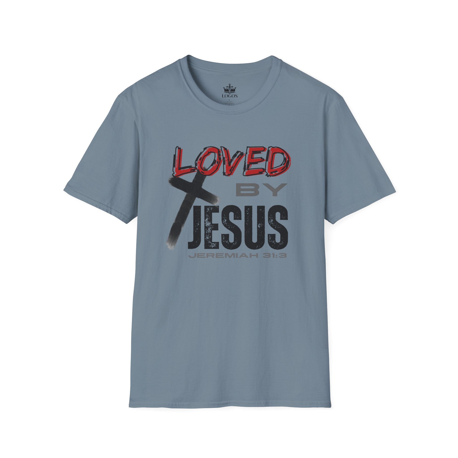 Christian graphic t-shirt by Logos Co. in stone blue with Loved by Jesus text and cross design