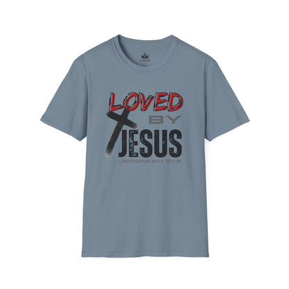 Christian graphic t-shirt by Logos Co. in stone blue with Loved by Jesus text and cross design