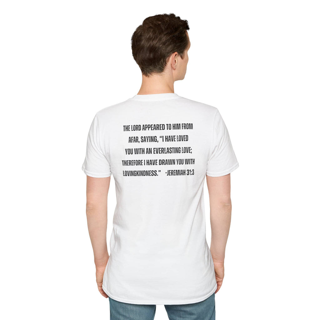 White Christian graphic t-shirt with Jeremiah 31:3 Bible verse printed on back
