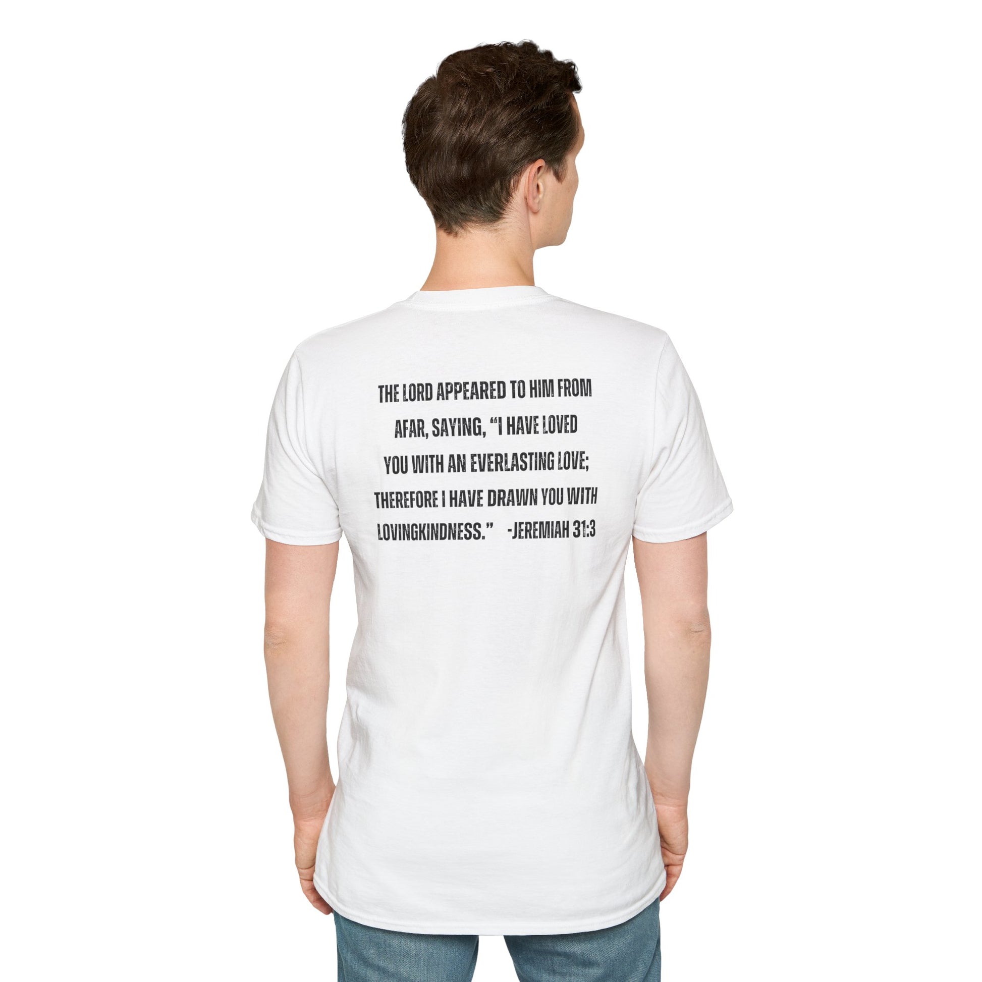 White Christian graphic t-shirt with Jeremiah 31:3 Bible verse printed on back